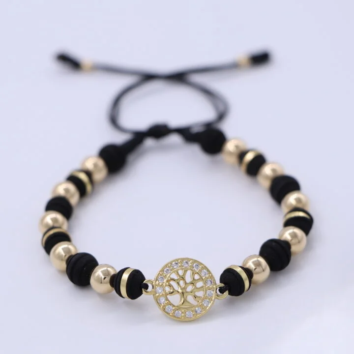 Brazalete negro con herraje árbol balín oro laminado 18k