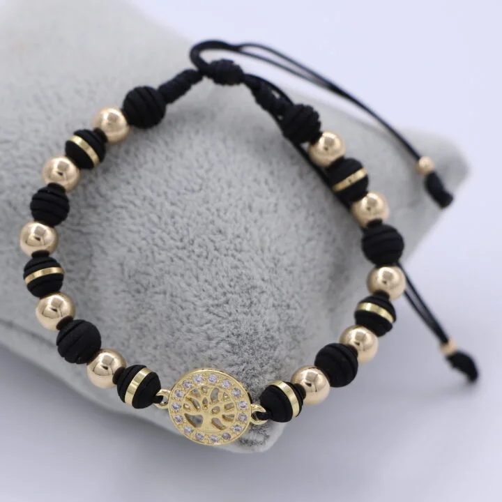 Brazalete negro con herraje árbol balín oro laminado 18k