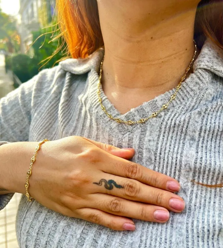 Conjunto Cadena y Pulsera Tejido Gucci Oro Laminado 18k