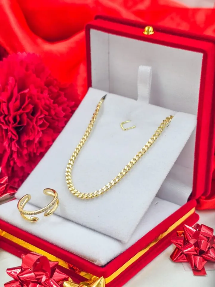 Promoción Pulsera tejido cubano y Anillo Pure Oro Laminado 18k